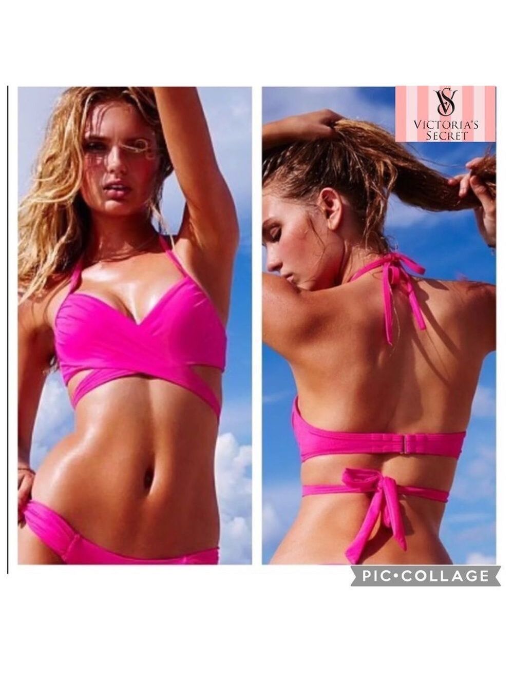 Victoria’s Secret The Wrap Halter Bikini Top Neon Lotus Pink Size 32DD/M/10 EUC